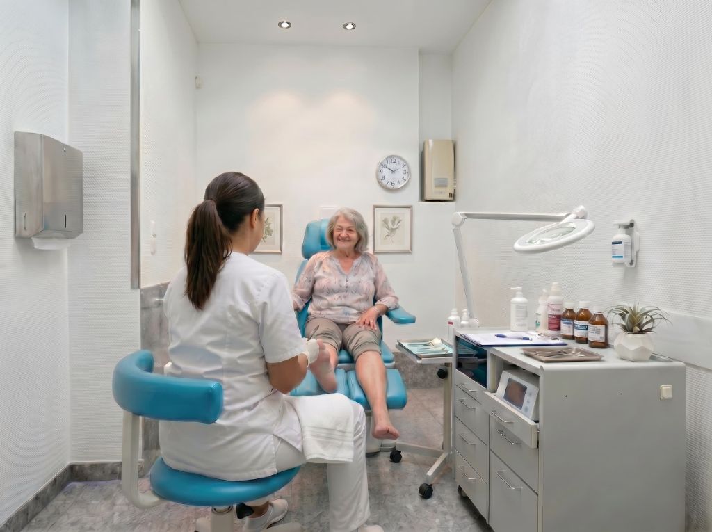 Sara Tijani bei der Behandlung einer Patientin in ihrer Podologie-Praxis in Bonn – einfühlsame, fachkundige Fußpflege in vertrauensvoller Atmosphäre